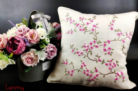 Cushion cover - Pink string peach blossom embroidery